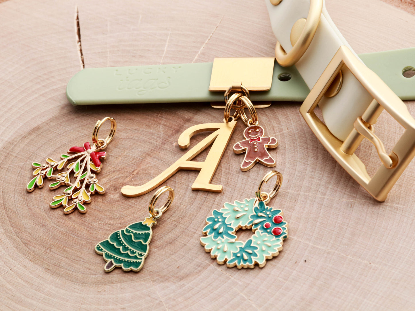 Lucky Tag Collar with Christmas Collar Charms.