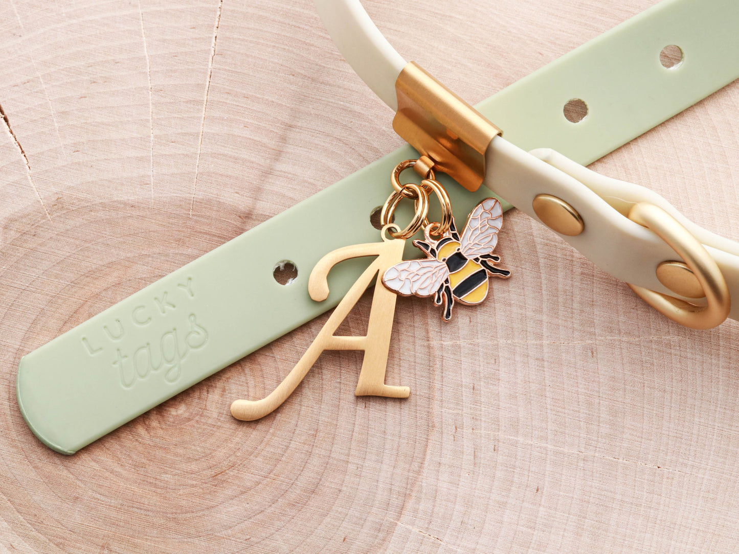 Lucky Tags Dog Collar with Block Letter Charm and Bee Charm