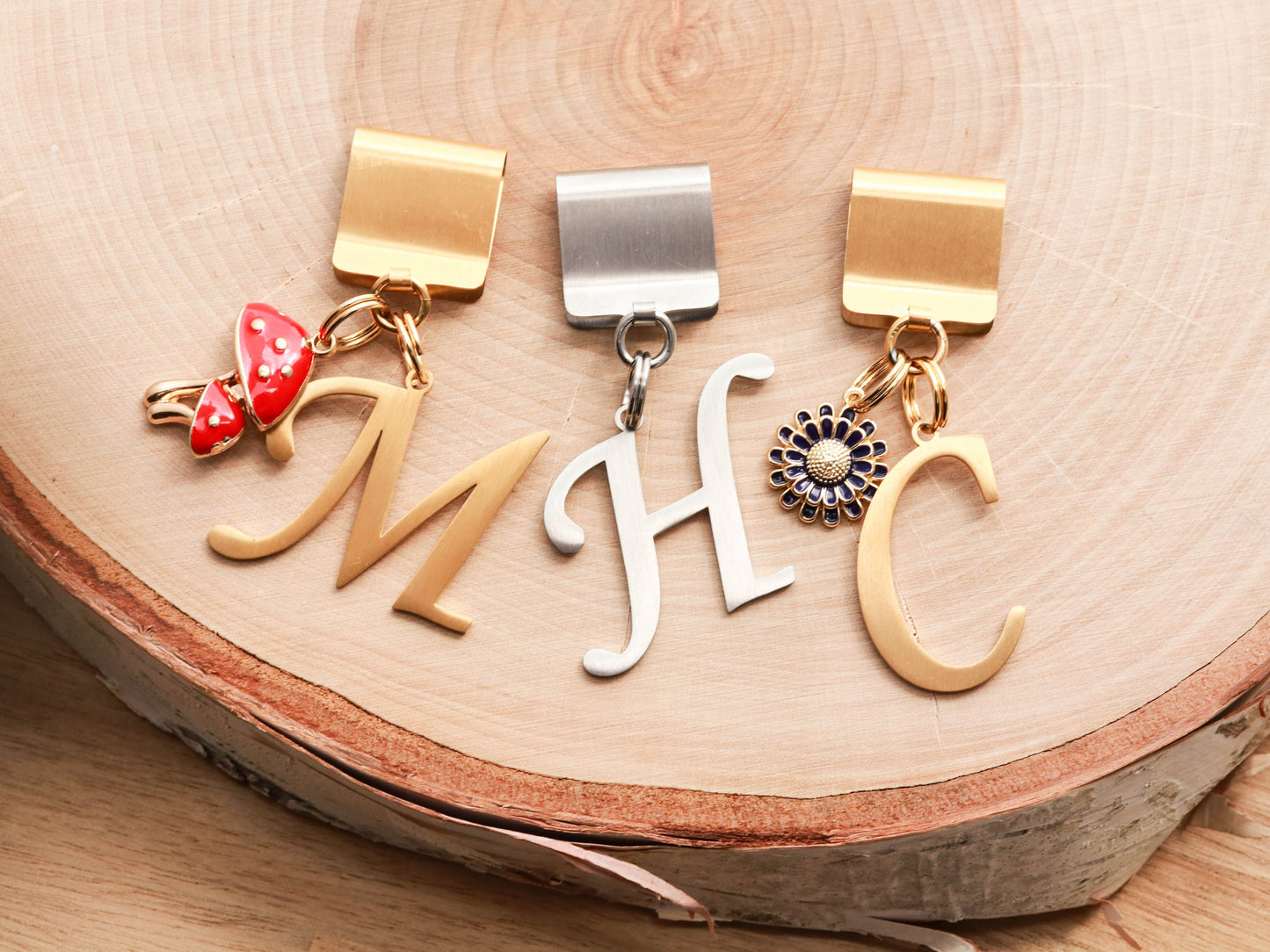 Cursive letter collar charms from Lucky Tags.