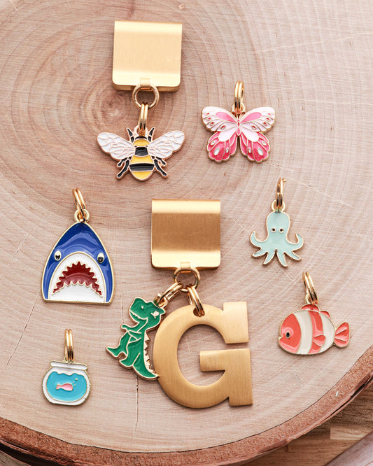 Lucky Tags Collar Charms: Bee, Butterfly, Dinosaur, Fish, Fish Bowl, Octopus, Shark and a Block Letter G