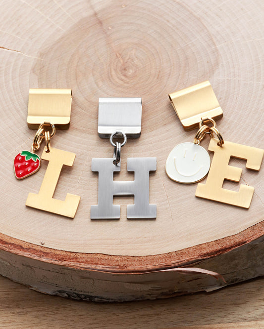 Lucky Tags Block Letter Collar Charms in Gold and Silver