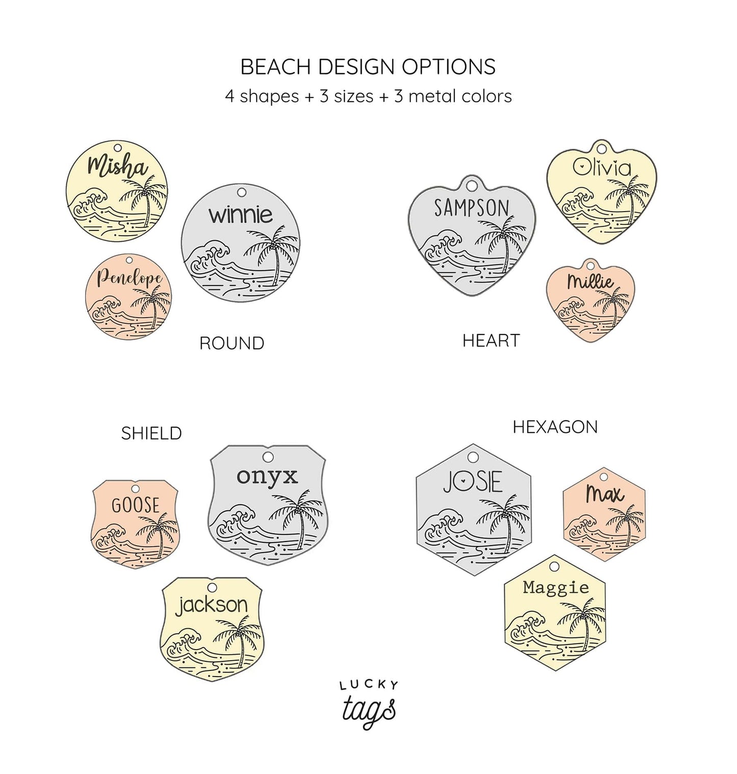 Lucky Tags, beach design, round tags, heart tags, shield tags, hexagon tags,  custom dog tags, engraved tags, beach tags, personalized tags, pet tags, collar tags, all tags, order dogs tags